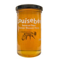 A 340g jar of Louise Bees Raw Summer Blossom Honey with an illustration of a bee on the front of the jar, pictured on a white background