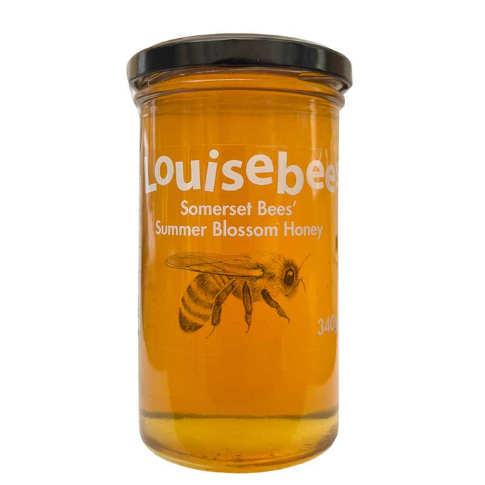 A 340g jar of Louise Bees Raw Summer Blossom Honey with an illustration of a bee on the front of the jar, pictured on a white background