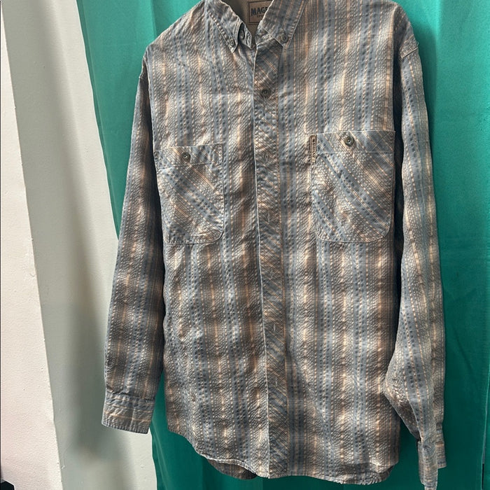 Magellan grey and Tan Plaid Casual Shirt Medium