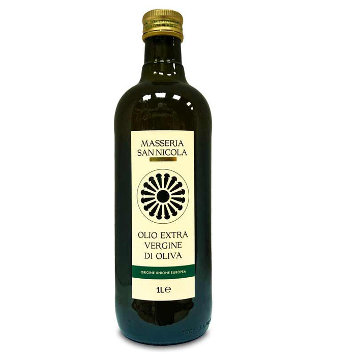 A bottle of Masseria San Nicola Extra Virgin Olive Oil, 1 liter size, with a label showing the brand name and 'Olio Extra Vergine di Oliva'.
