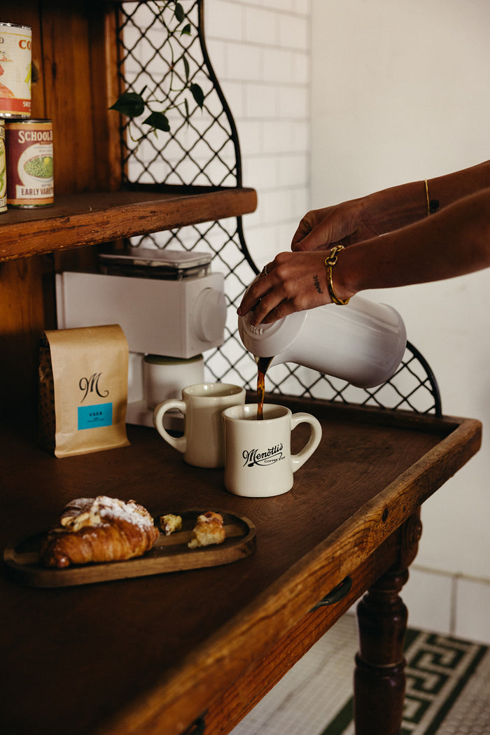 Menotti's ceramic diner coffee mug, styled