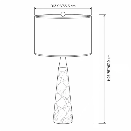 Dimension diagram of a grey conical marble table lamp showing lampshade diameter 13.9 inches and total height 26.75 inches