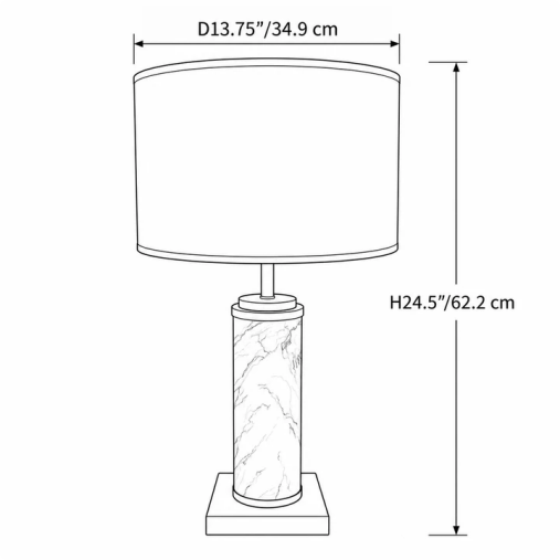 Dimension diagram of a large Volakas white marble table lamp showing lampshade diameter 13.75 inches and total height 24.5 inches