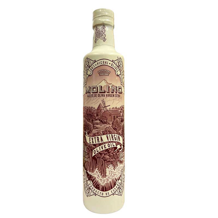 A pretty 500ml bottle of Molino Picual Extra Virgin Olive Oil with an attractive purple label. The bottle is set on a white background.