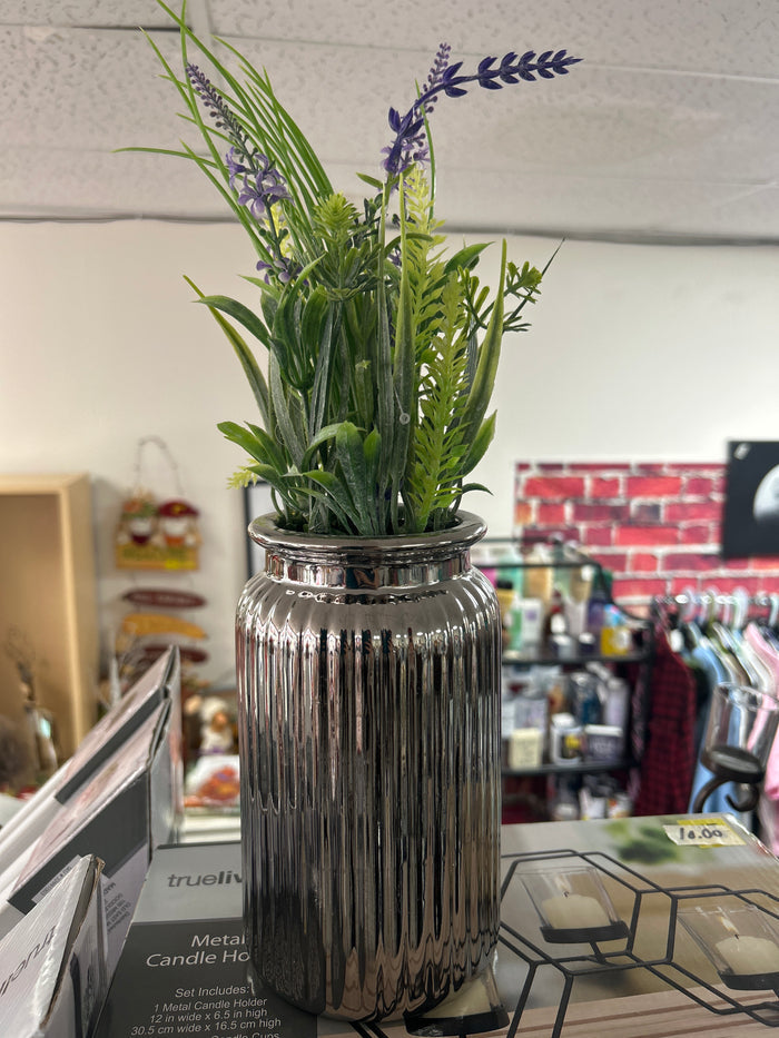 New ribbed chrome vase with faux lavender and greenery