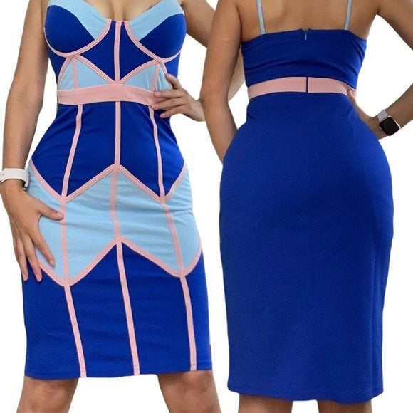 New Women Bodycon Dress Small S Light Blue Pink Knee Length Sleeveless Stretch