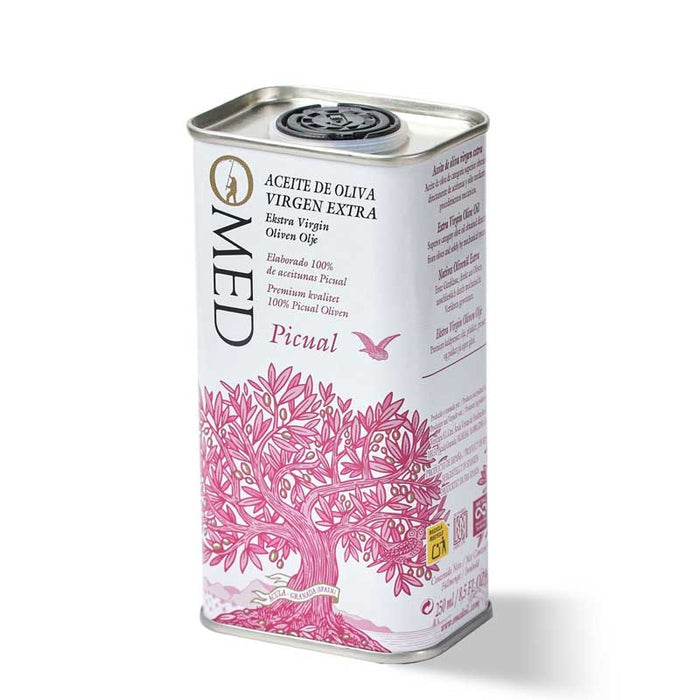 A 250ml can of O-Med Picual Extra Virgin Olive oil with pink tree design on a white background