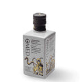 A square grey glass bottle of O-Med Smoked Arbequina Extra Virgin Olive Oil with a black cap, featuring a label with black text and gold and black smoke illustrations, set against a plain white background.