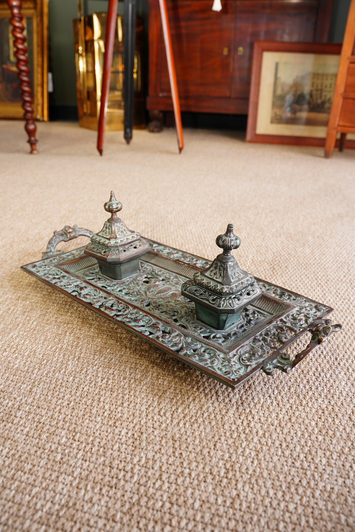 Ornate Cast Bronze Double Inkwell