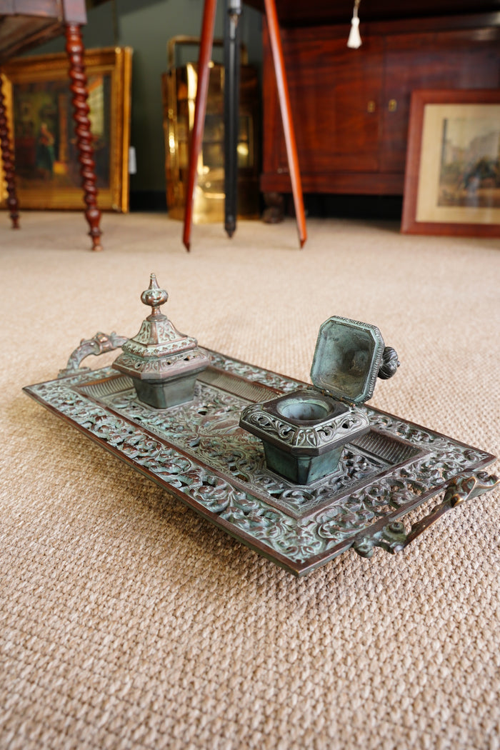 Ornate Cast Bronze Double Inkwell