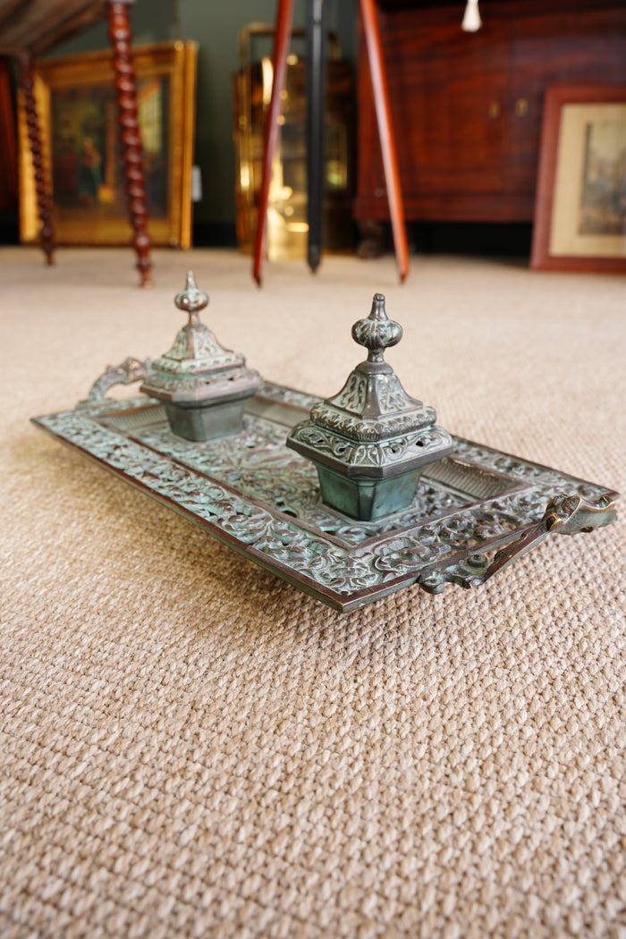 Ornate Cast Bronze Double Inkwell