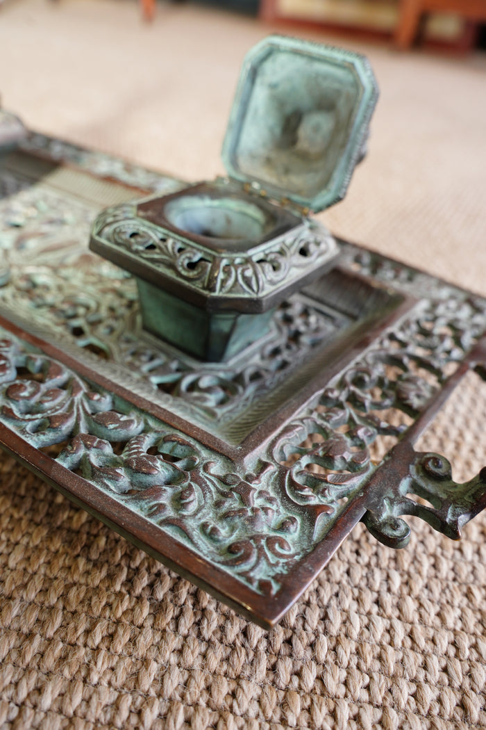 Ornate Cast Bronze Double Inkwell