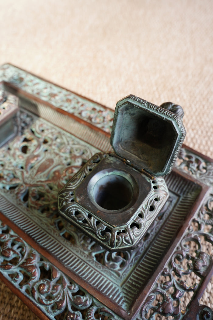 Ornate Cast Bronze Double Inkwell