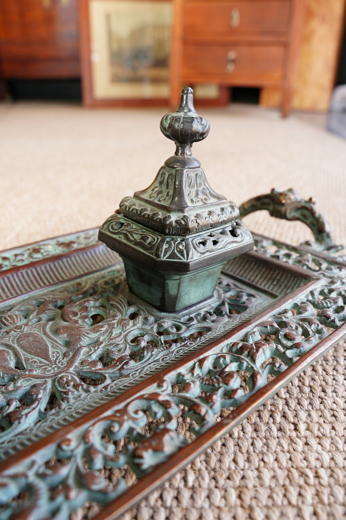Ornate Cast Bronze Double Inkwell