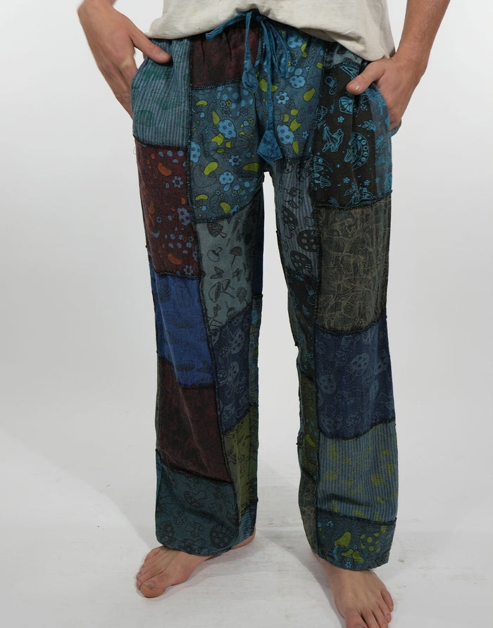 Patchwork Cotton Pants ~ Mushroom Print ~ Blue