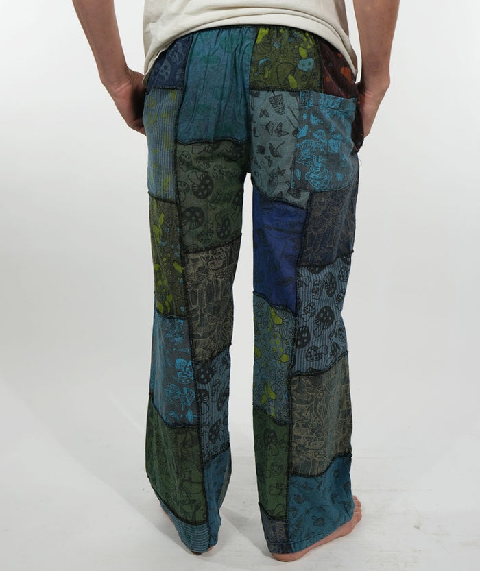 Patchwork Cotton Pants ~ Mushroom Print ~ Blue