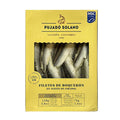A 110g ack of Pujado Solano Cantabrian Marinated Anchovies - Filetes de Boqueron - showing the silvery anchovies in a window through a yellow branded sleeve.