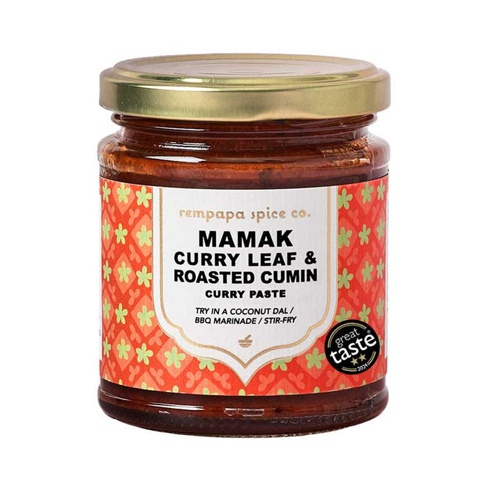 Jar of Rempapa Spice Co Mamak Curry Leaf & Roasted Cumin Curry Paste with a gold lid on a white background