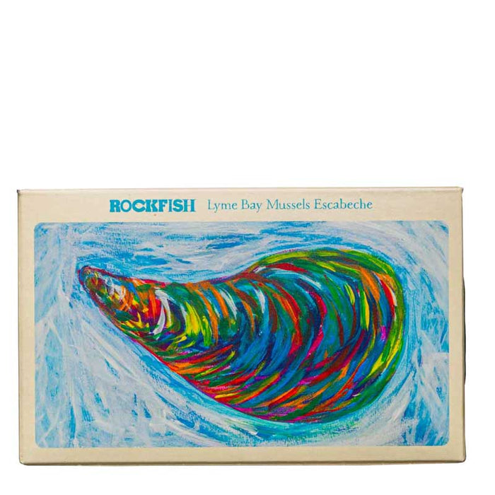 Colorful mussel illustration on a box labeled 'Rockfish' with 'Lyme Bay Mussels Escabeche'.