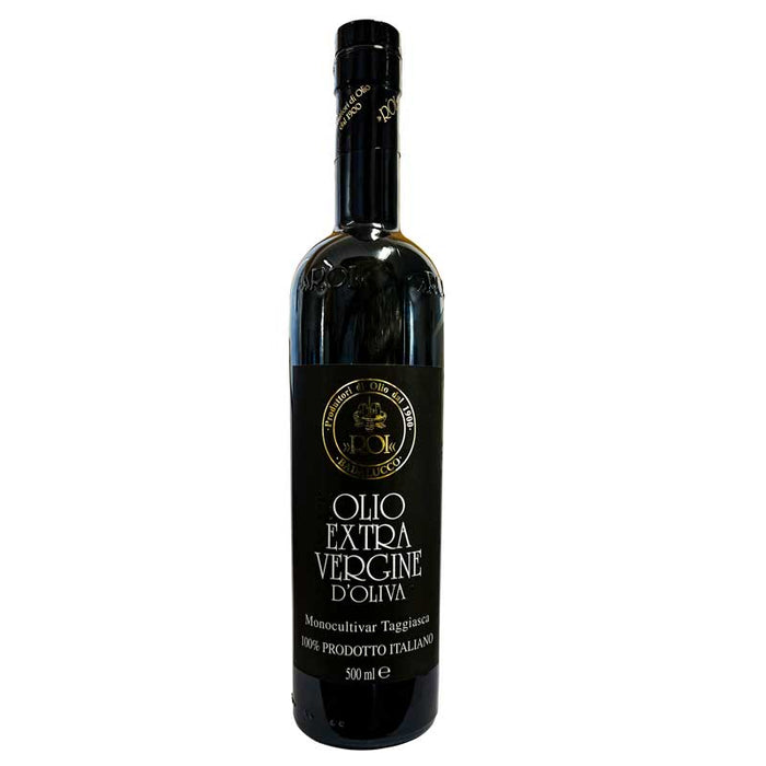A 500ml bottle of Roi Monocultivar Taggiasca Extra Virgin Olive Oil with a black label and gold logo, on a white background.