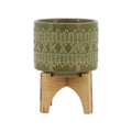 Sagebrook Home Ceramic 5 in. Aztec Planter On Wooden Stand in Olive main image.