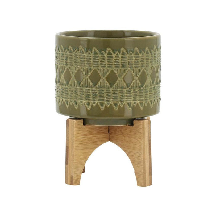 Sagebrook Home Ceramic 5 in. Aztec Planter On Wooden Stand in Olive main image.