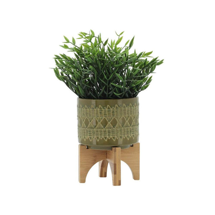 Sagebrook Home Ceramic 5 in. Aztec Planter On Wooden Stand in Olive