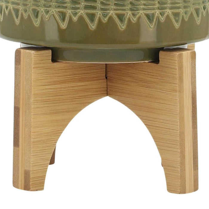 Sagebrook Home Ceramic 5 in. Aztec Planter On Wooden Stand in Olive