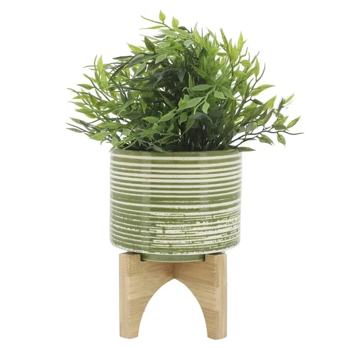Sagebrook Home Ceramic 5 in. Planter On Wooden Stand in Olive
