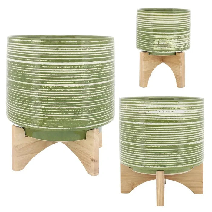 Sagebrook Home Ceramic 5 in. Planter On Wooden Stand in Olive