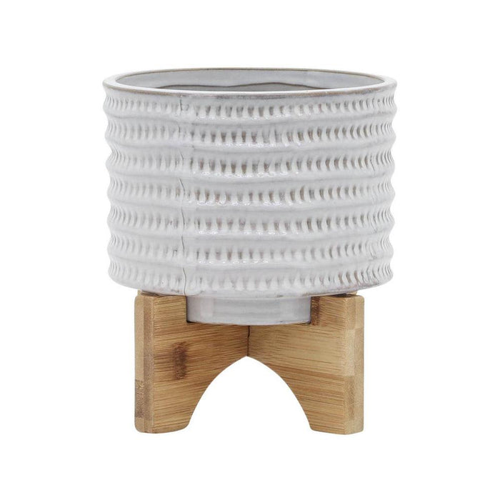 Sagebrook Home Ceramic 5 in. Planter with Wooden Stand in Ivory main image.