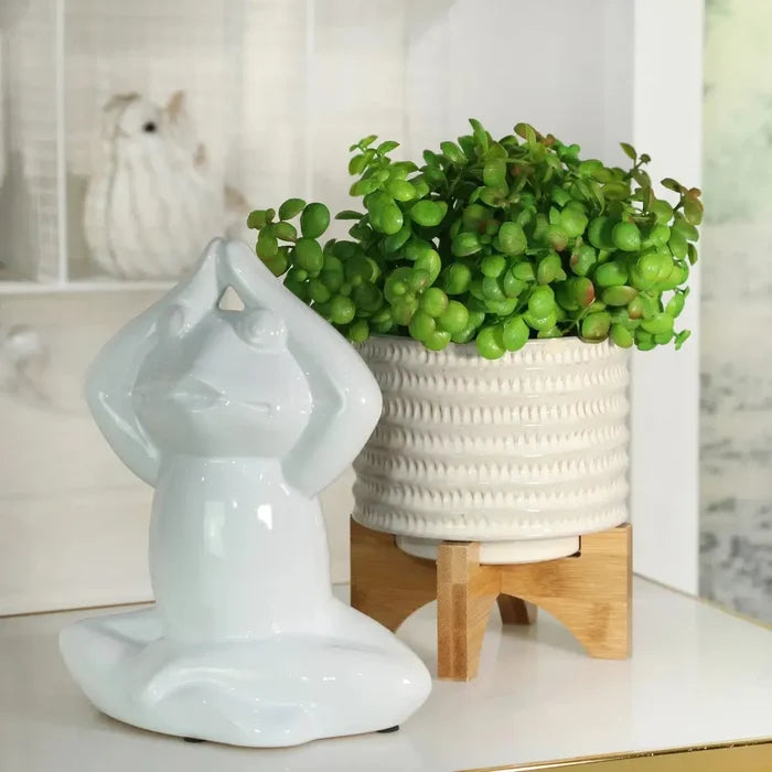 Sagebrook Home Ceramic 5 in. Planter with Wooden Stand in Ivory