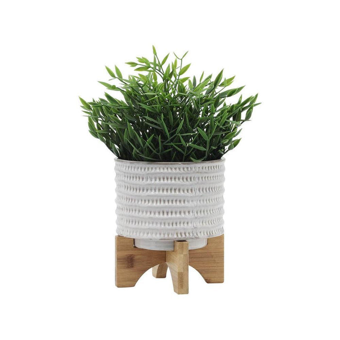Sagebrook Home Ceramic 5 in. Planter with Wooden Stand in Ivory