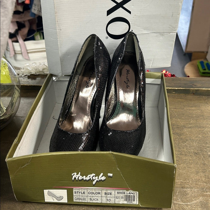 Sequin platform pumps, Herstyle Carlee black stiletto heels, size 10 new w box