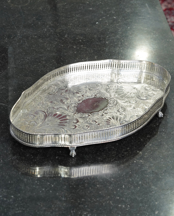 Sheffield Silverplate Gallery Tray, Engraved Rococo, Mid-20th Century