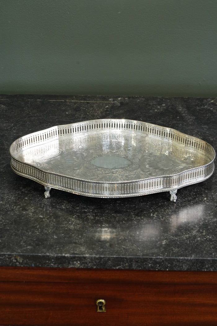 Sheffield Silverplate Gallery Tray, Engraved Rococo, Mid-20th Century