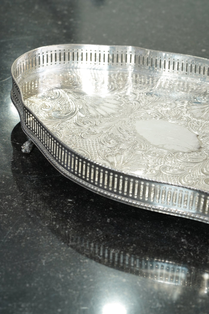 Sheffield Silverplate Gallery Tray, Engraved Rococo, Mid-20th Century