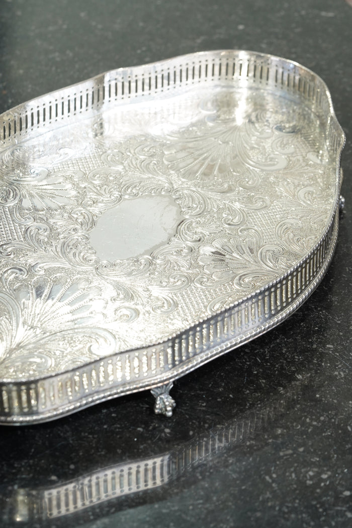 Sheffield Silverplate Gallery Tray, Engraved Rococo, Mid-20th Century