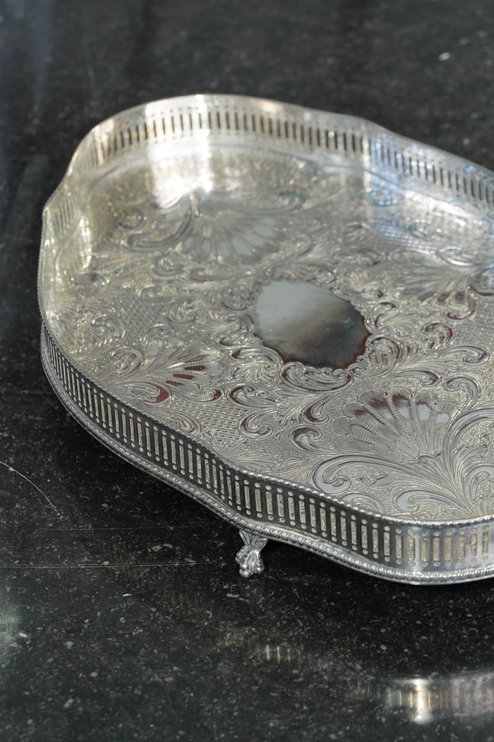 Sheffield Silverplate Gallery Tray, Engraved Rococo, Mid-20th Century