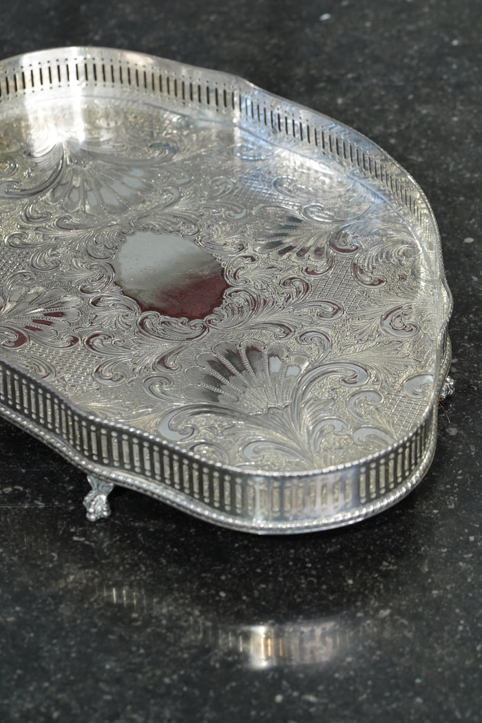 Sheffield Silverplate Gallery Tray, Engraved Rococo, Mid-20th Century