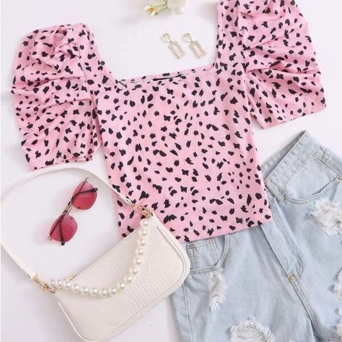 SHEIN Pink and Black Patterned Crop Top