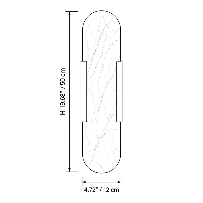 Dimension specifications diagram for capsule Spanish natural alabaster wall sconce showing height 50cm and width 12cm