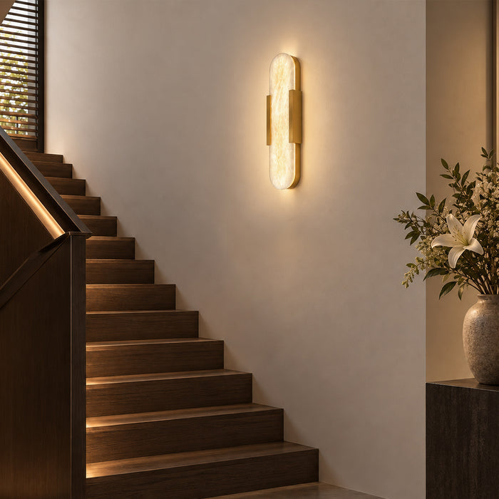 Glowing capsule Spanish natural alabaster wall light illuminating wooden staircase corridor wall