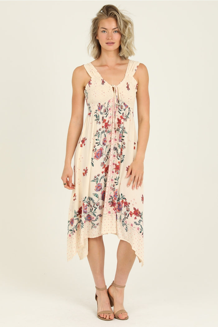 Sweet Cream Print Hankie Hem Dress