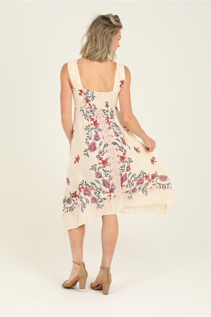 Sweet Cream Print Hankie Hem Dress