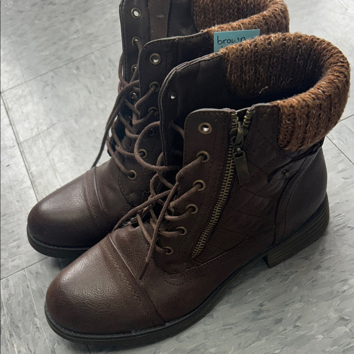 Synthetic leather ankle boots STQ brand lace-up combat style knit collar size 9