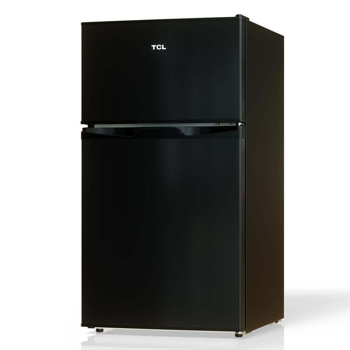 TCL 18 in. 3.1 Cu. Ft. Compact Top Freezer Mini Fridge in Black (TRM31D4AB) front, side.