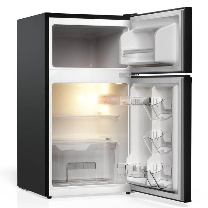 TCL 18 in. 3.1 Cu. Ft. Compact Top Freezer Mini Fridge in Black (TRM31D4AB) with open door showing interior shelves on a white background