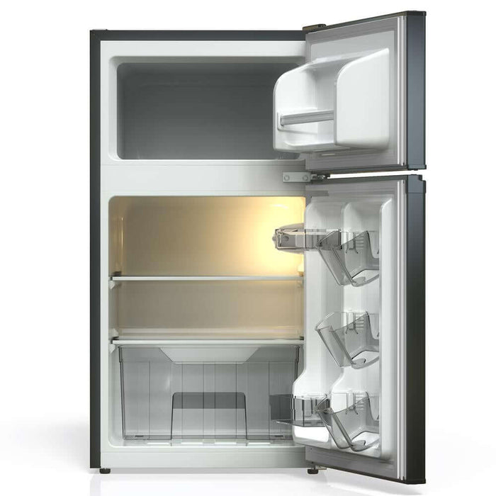 Open TCL 18 in. 3.1 Cu. Ft. Compact Top Freezer Mini Fridge in Black (TRM31D4AB) with shelves and lights on a white background