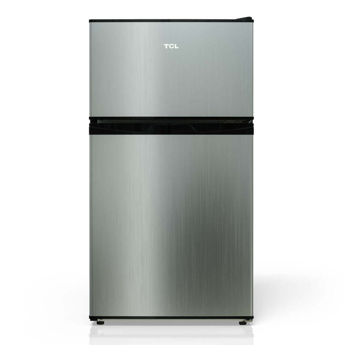 TCL 18 in. 3.1 Cu. Ft. Compact Top Freezer Mini Fridge in Silver (TRM31D4AV) main image.